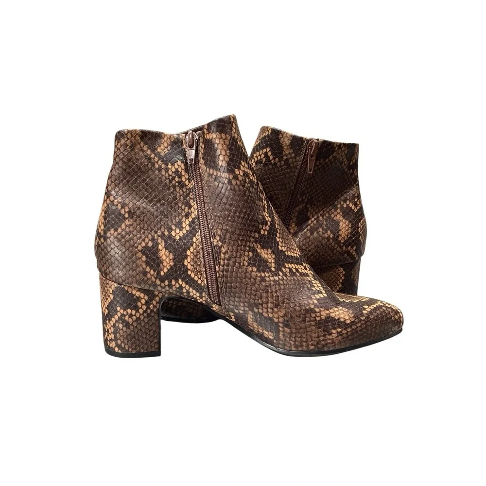Anne Klein Ankle Booties GET IT Snakeskin Print Black Rust Women's Sz 8.5 w Heel